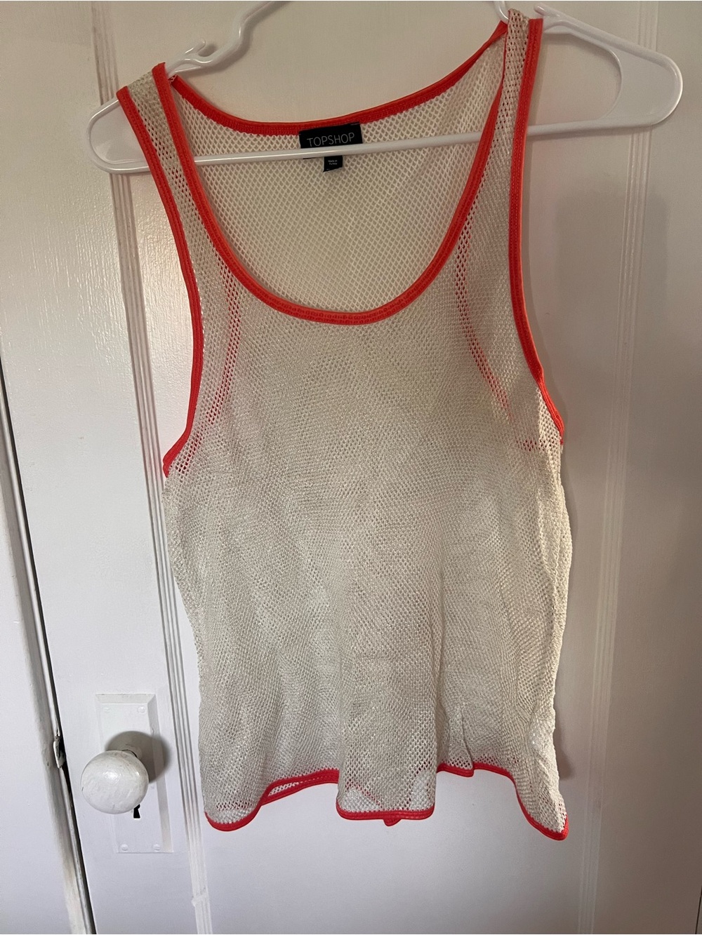 Topshop Cream Mesh Tank with Coral Trim Accents